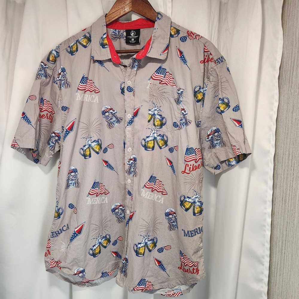 Staghorn River USA Washington Flag Beer Button Up Shirt XL‎ July 4th Patriotic